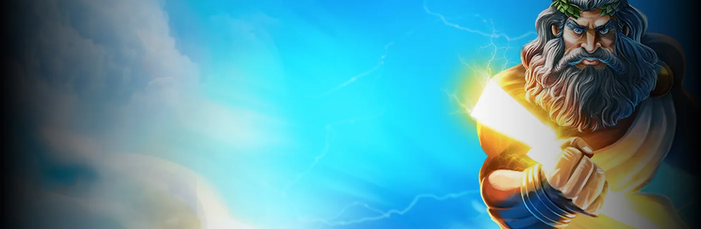 Zeus met lauwerkrans en gouden gewaad houdt een oplichtende bliksemschicht vast, tegen een felblauwe lucht met bliksemflitsen en onweerswolken